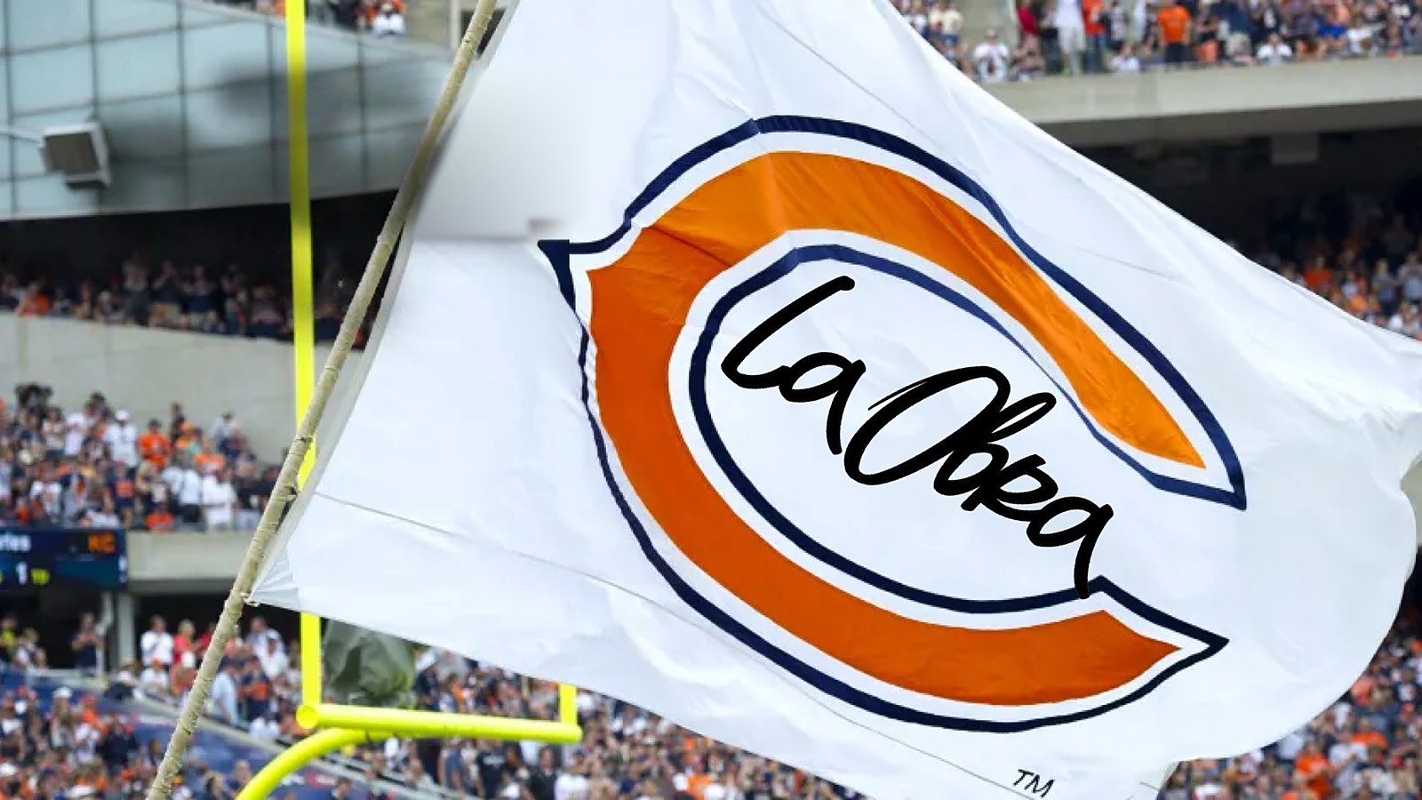 Chicago Bears flag with the La Obra logo inside the Bears "C"