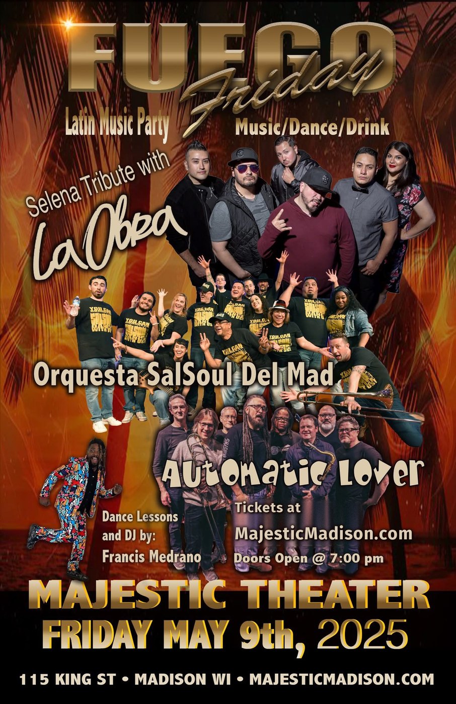Fuego Friday flyer: Selena Tribute with La Obra, Majestic Theater, Madison, Friday May 9th