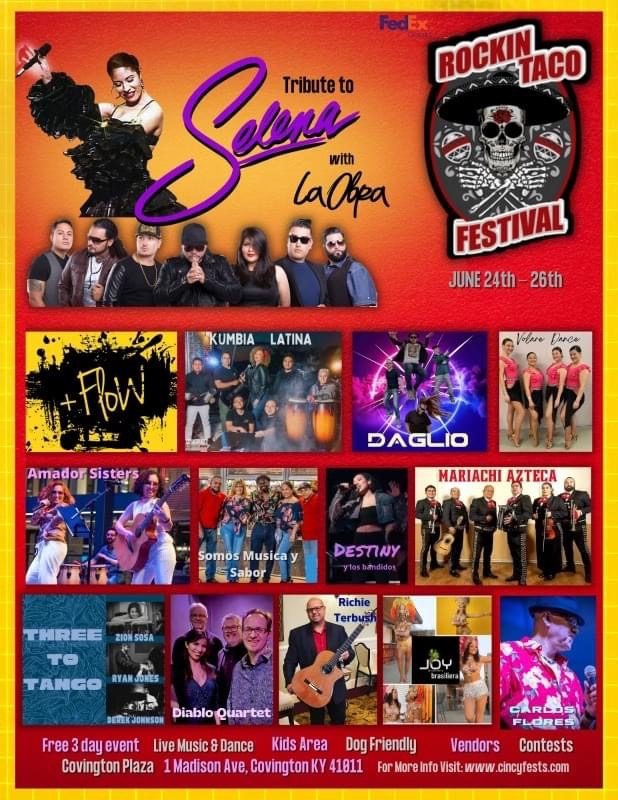 Rockin Taco Festival flyer, tribute to Selena by La Obra